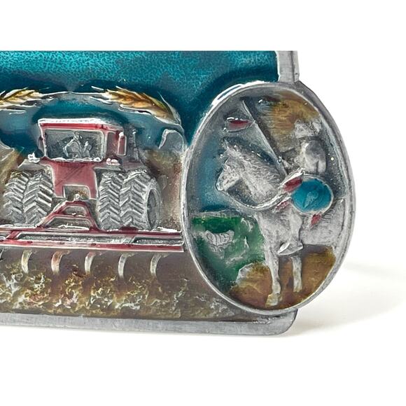 VTG 1986 CJ INC Cowboys & Indians BELT BUCKLE Farm Tractor Indian Chief Horse - Picture 3 of 7
